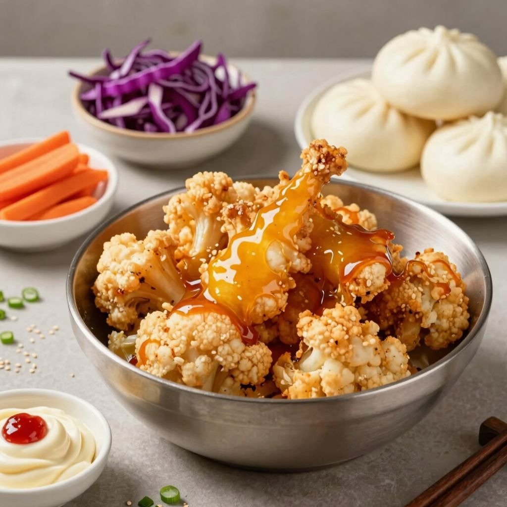 Crispy fried cauliflower florets with sweet and sour glaze served with steamed bao buns and shredded vegetables.