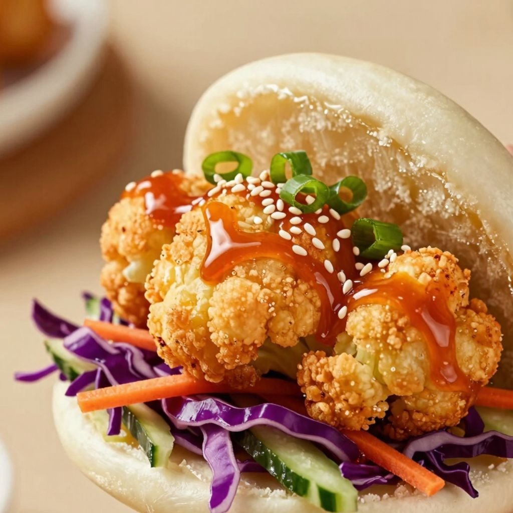 Crispy cauliflower bao bun with spicy glaze, sesame seeds, and fresh pickled vegetables.