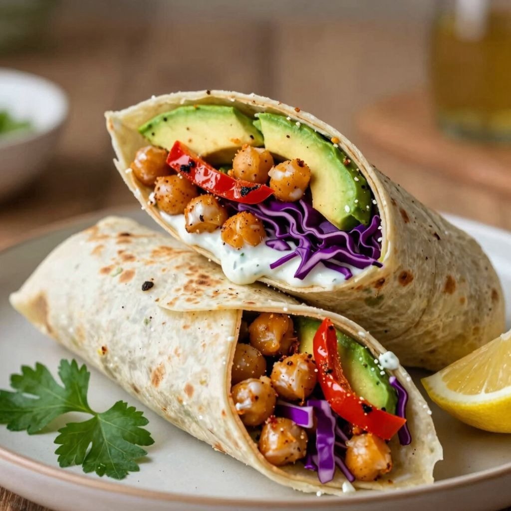 Healthy vegan chickpea wraps with sliced avocado, red cabbage, and peppers in a flour tortilla.
