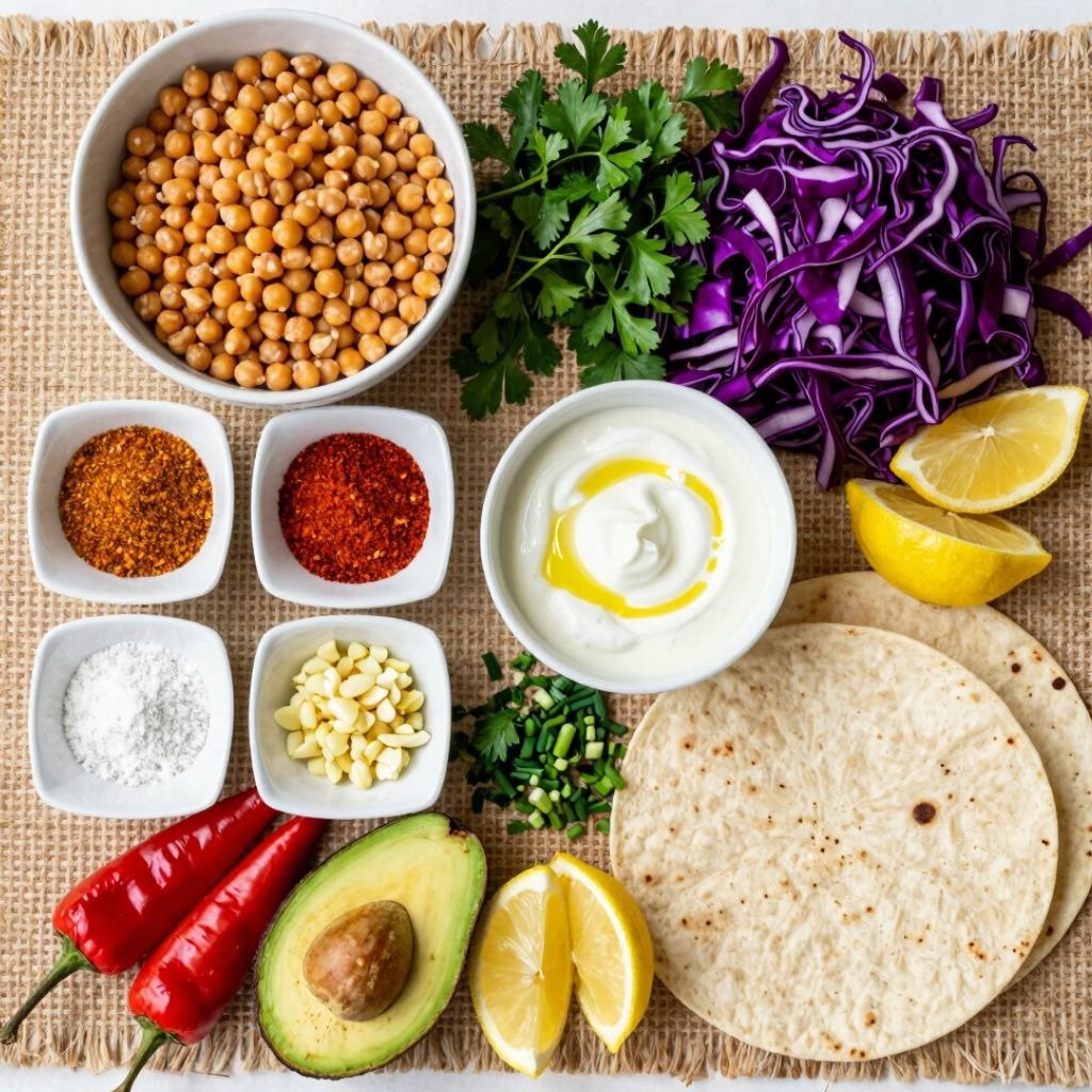Fresh ingredients for chickpea tacos including tortillas, avocado, red cabbage, yogurt dip, and spices on a burlap surface.