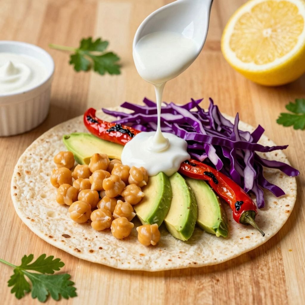 White sauce drizzled over a chickpea wrap with avocado, red cabbage, and grilled peppers.