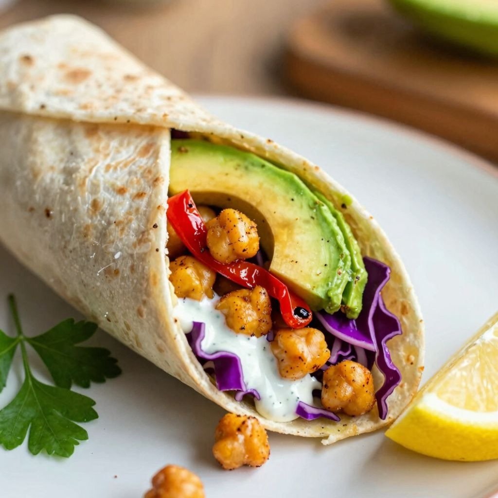 A healthy vegan chickpea wrap with avocado, red cabbage, and creamy tahini sauce on a white plate.