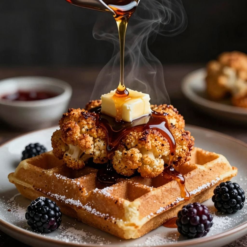 Fried cauliflower and butter on a waffle being drizzled with maple syrup and served with fresh black