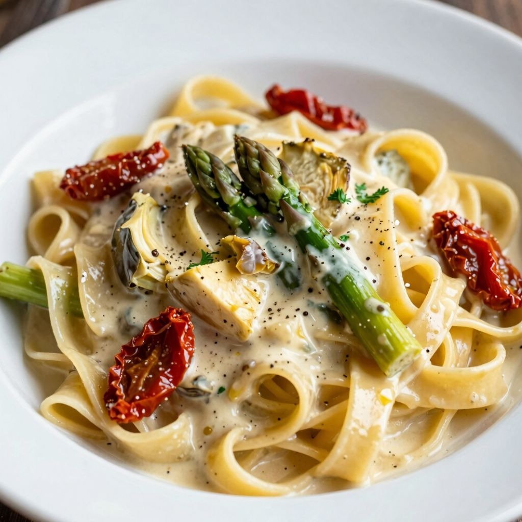Creamy fettuccine pasta topped with fresh green asparagus, artichokes, and sun-dried tomatoes in a white bowl.