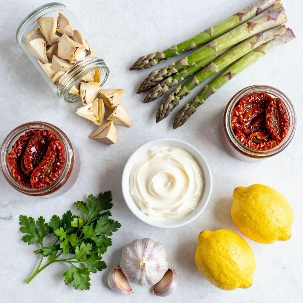 Fresh ingredients for a Mediterranean recipe including asparagus, sun-dried tomatoes, lemons, garlic, and creamy sauce.
