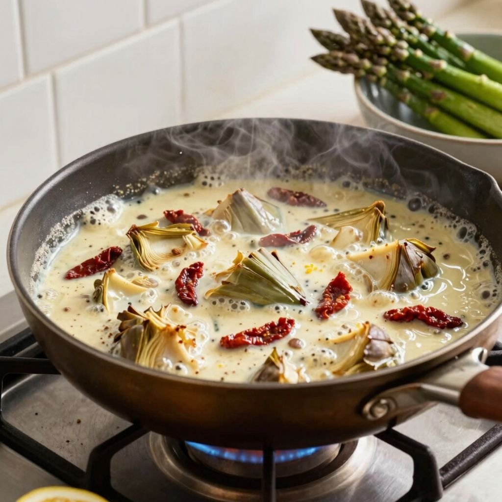 Fresh artichoke hearts and sun-dried tomatoes simmering in a creamy white sauce in a skillet on a gas stove.