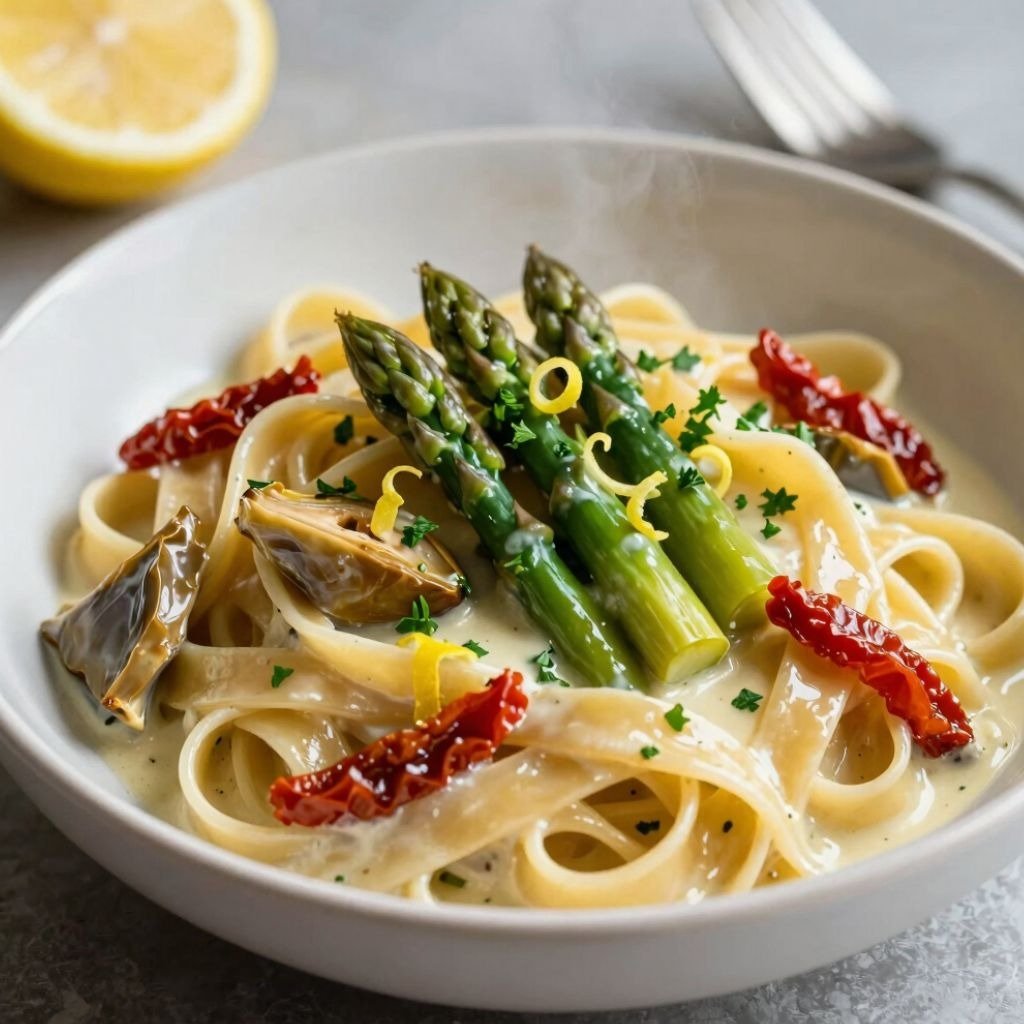 Creamy fettuccine pasta topped with steamed green asparagus, sun-dried tomatoes, and lemon zest in a white bowl.
