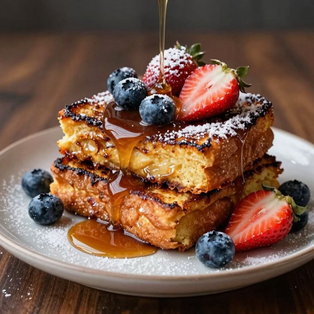 Golden brown French toast stack topped with fresh strawberries, blueberries, powdered sugar, and dripping maple syrup.