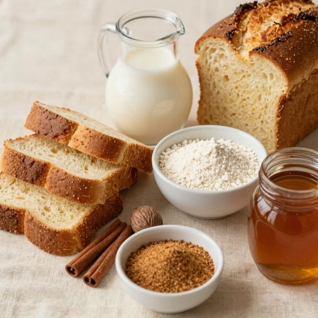 Freshly sliced bread loaf with a glass of milk, flour, honey, cinnamon sticks, and brown sugar on a table.