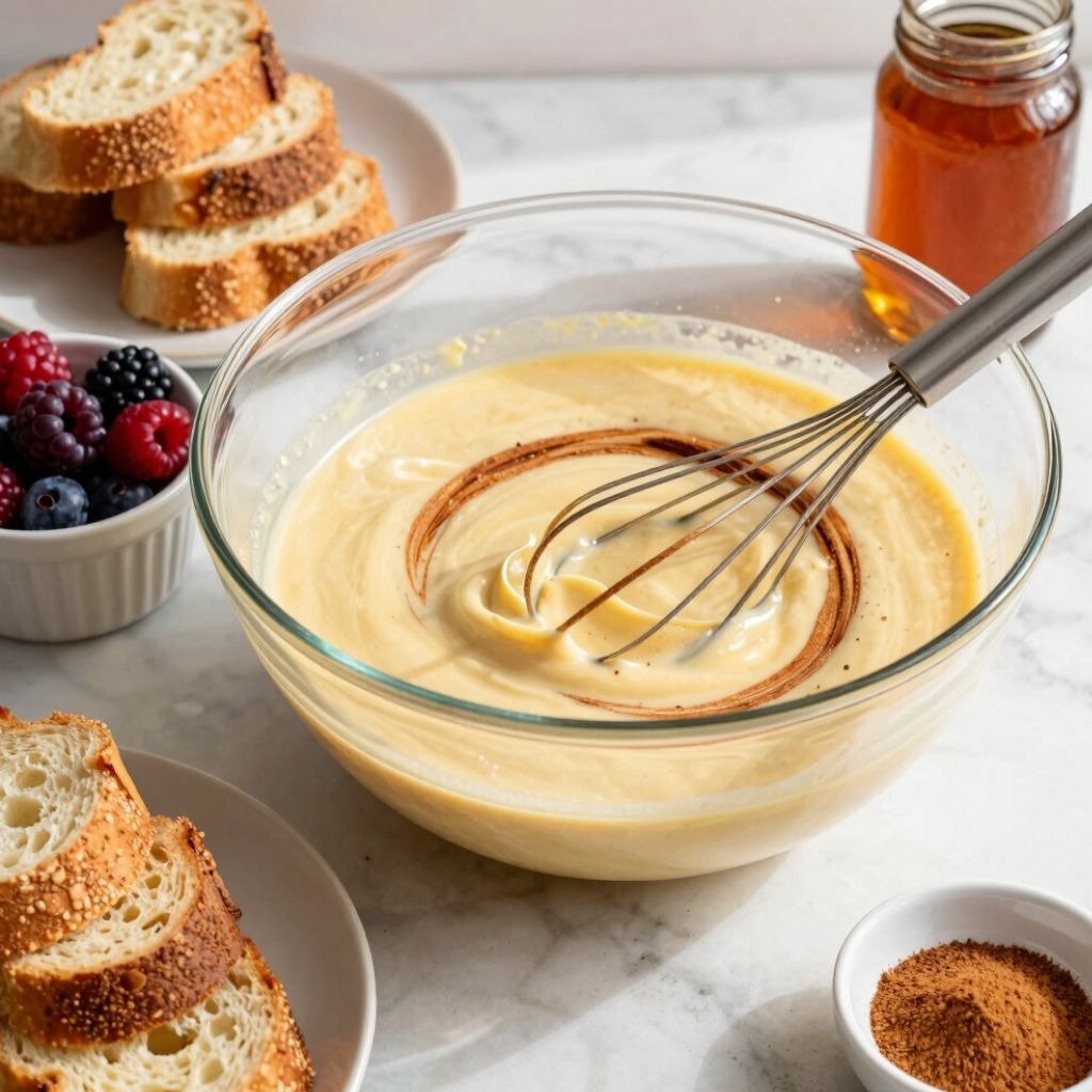 Whisking egg custard batter in a glass bowl with sliced brioche bread and fresh berries for French toast recipe.