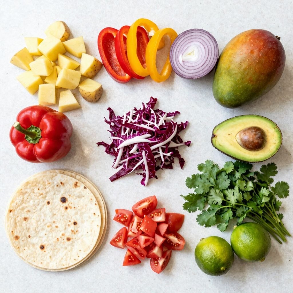 Fresh ingredients for tacos including tortillas, avocado, mango, lime, and chopped vegetables on a white surface.