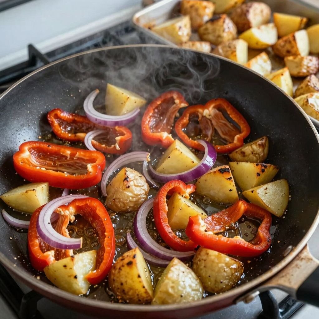 Sizzling skillet with sliced red peppers, red onions, and roasted potatoes cooking on a stovetop wit