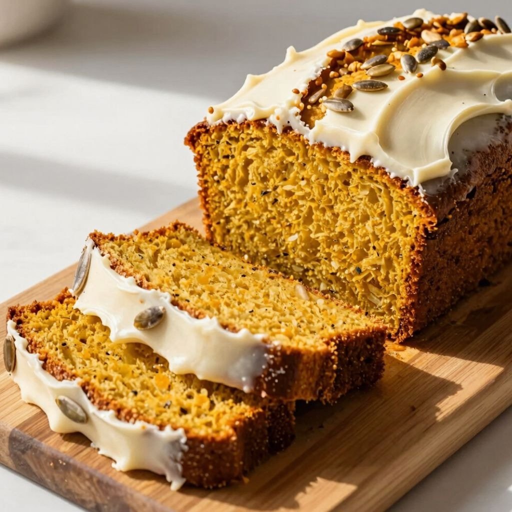 Sliced moist pumpkin bread with white cream cheese frosting and toasted seeds on a wooden board.