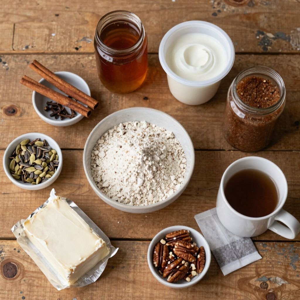 Baking ingredients including butter, pecans, honey, yogurt, and spices on a rustic wooden table.