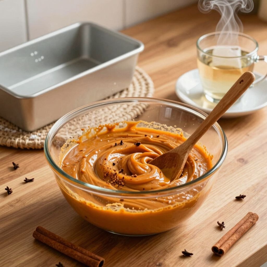 Creamy pumpkin batter being stirred in a glass bowl with a wooden spoon next to cinnamon sticks and hot tea.
