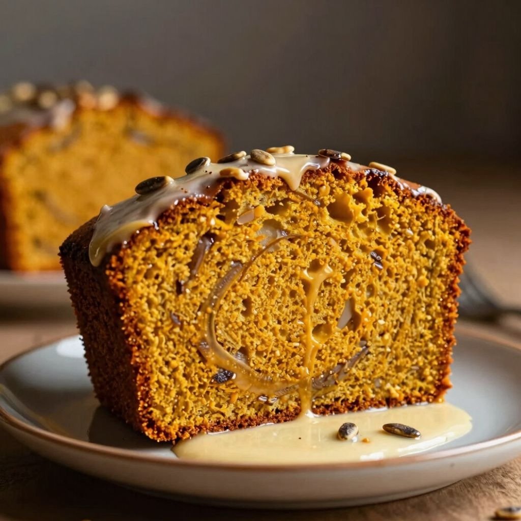 A thick slice of moist pumpkin bread with a caramel swirl, topped with glaze and pumpkin seeds on a ceramic plate.
