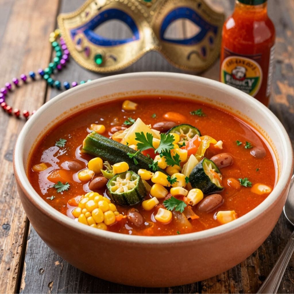 A bowl of Cajun gumbo stew with okra, corn, and beans next to a Mardi Gras mask and hot sauce.