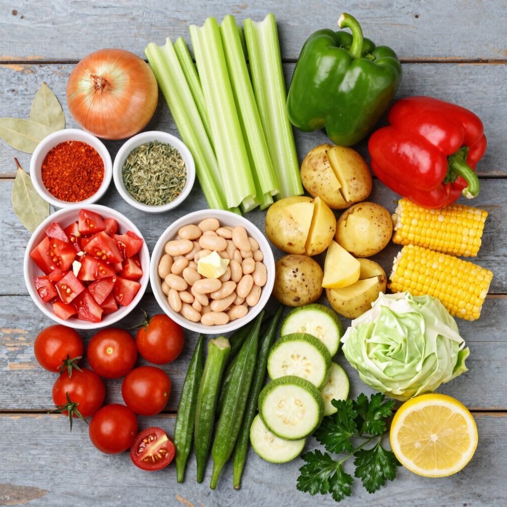 Flat lay of fresh stew ingredients including tomatoes, beans, potatoes, peppers, and corn on a rustic wood table.