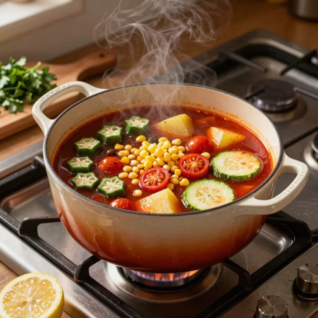 Steaming vegetable stew with corn, okra, tomatoes, and zucchini simmering in a dutch oven.