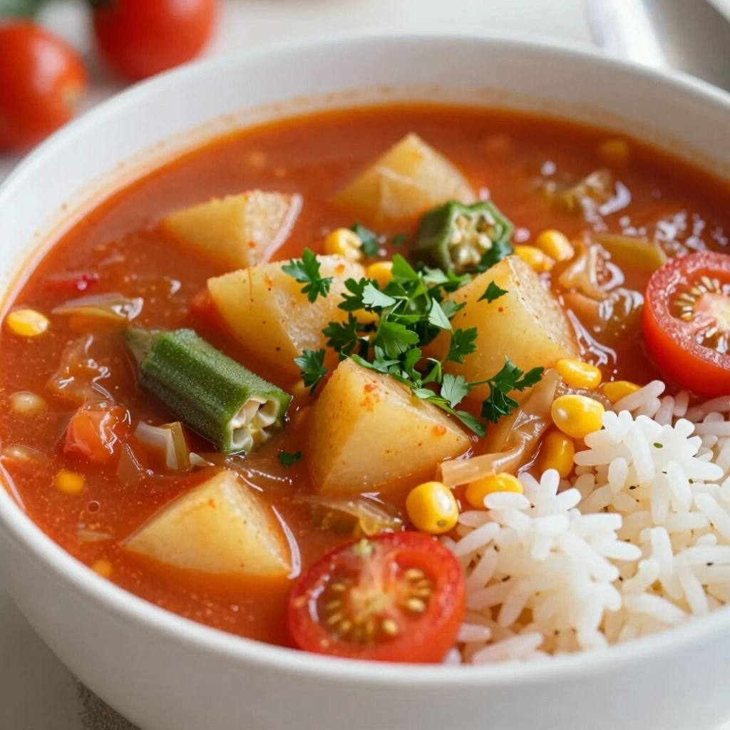 A bowl of hearty vegetable stew with potatoes, okra, corn, and cherry tomatoes served with a side of white rice.