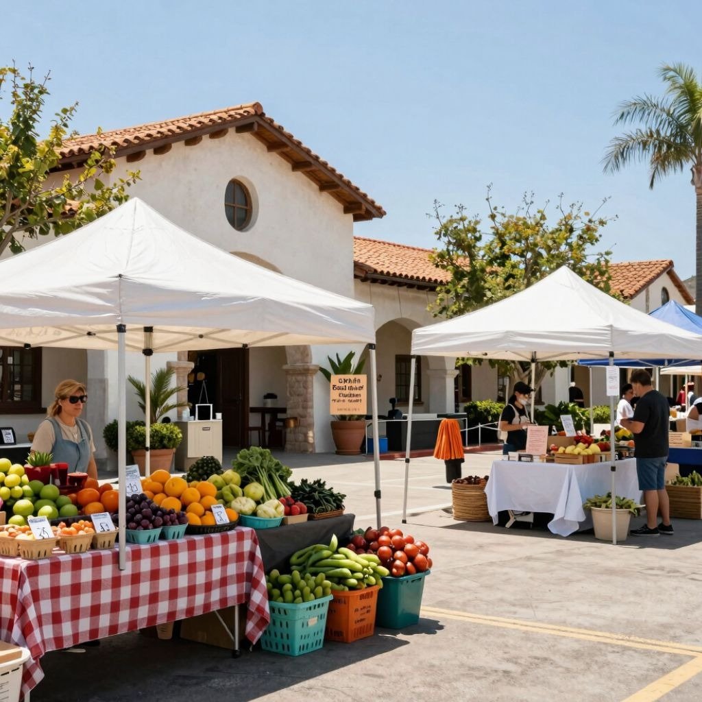 Fresh organic produce at a sunny outdoor farmers market with vendors selling fruits and vegetables under white tents.