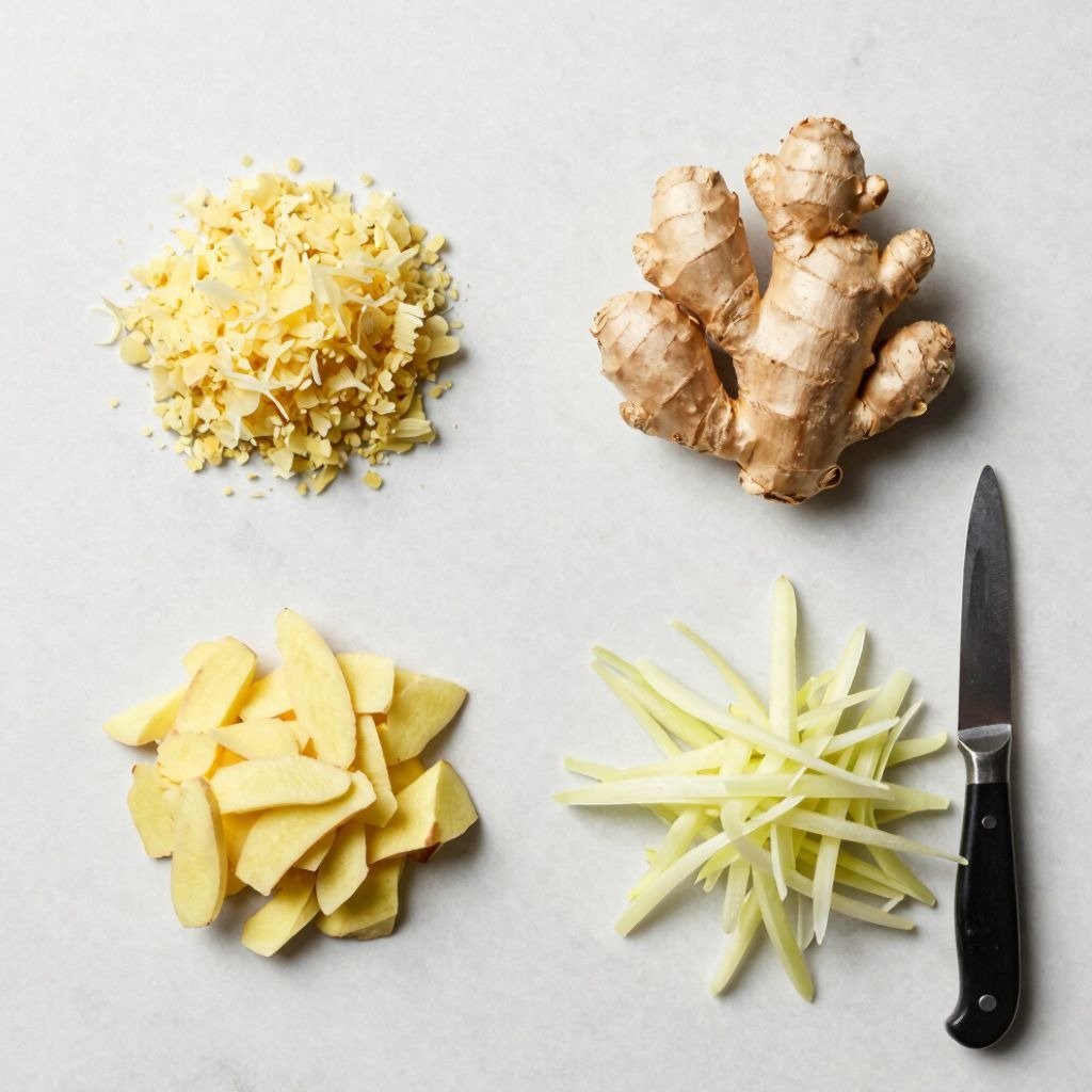 Fresh whole ginger root shown alongside piles of grated, sliced, and julienned ginger with a paring knife.