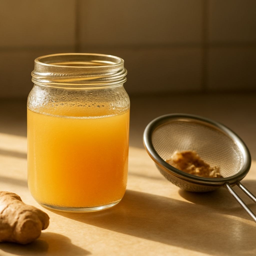 Freshly strained yellow ginger juice in a glass jar next to a metal mesh strainer and fresh ginger root.