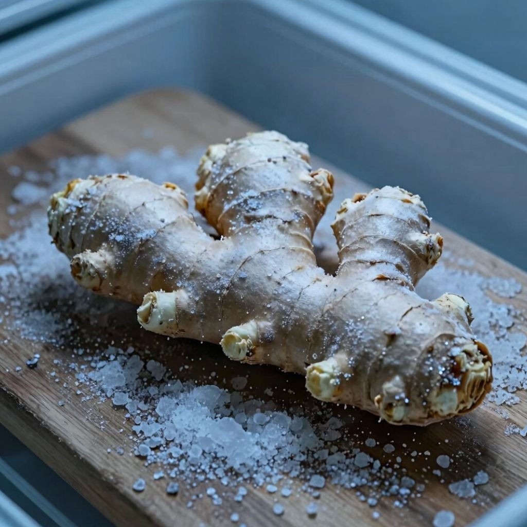 Fresh ginger root sprinkled with coarse sea salt crystals on a wooden cutting board, close-up food photography.
