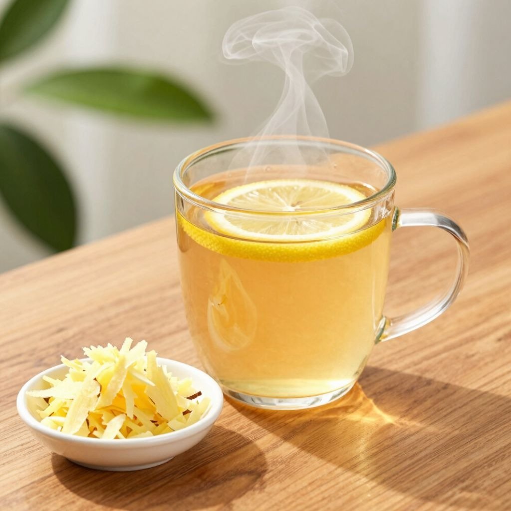 Steaming glass mug of hot ginger and lemon tea with a fresh lemon slice and a small bowl of shredded ginger.