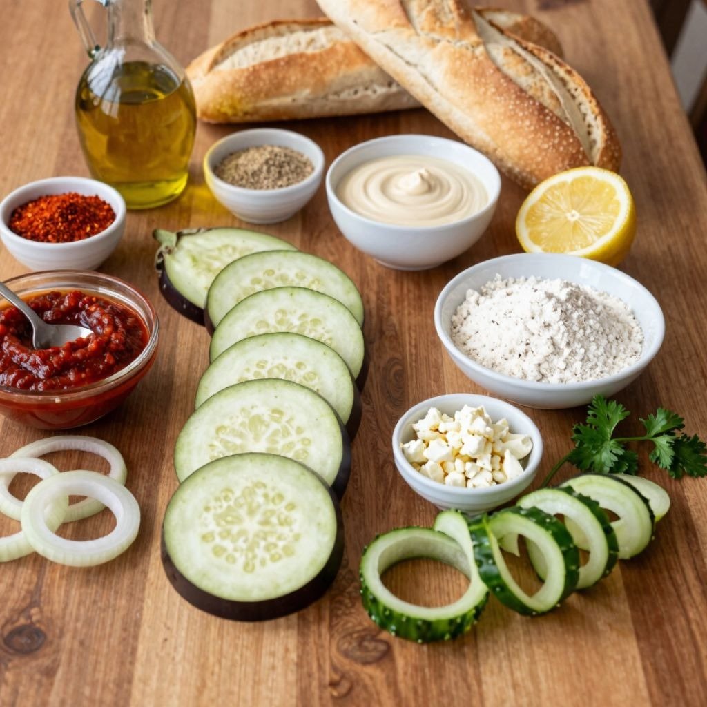 Fresh sandwich ingredients including sliced eggplant, cucumber, onions, feta, and baguette on a wooden table.