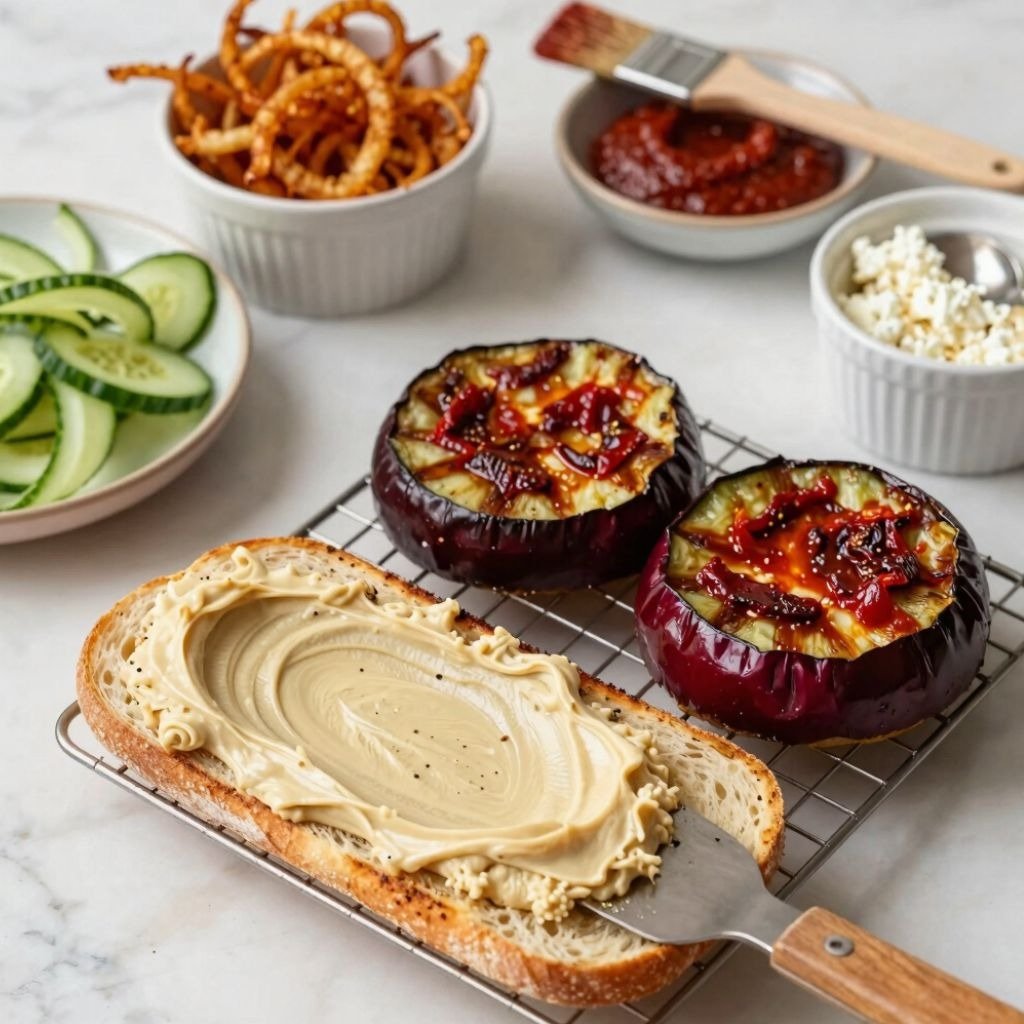 Roasted eggplant halves with miso glaze on a wire rack next to hummus toast, and sliced cucumbers.