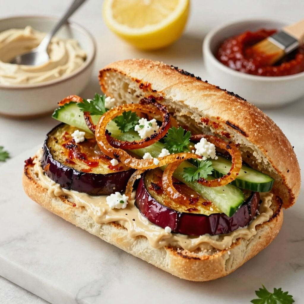 Grilled eggplant sandwich on a toasted baguette with hummus, fresh cucumber slices, feta cheese, and charred onions.