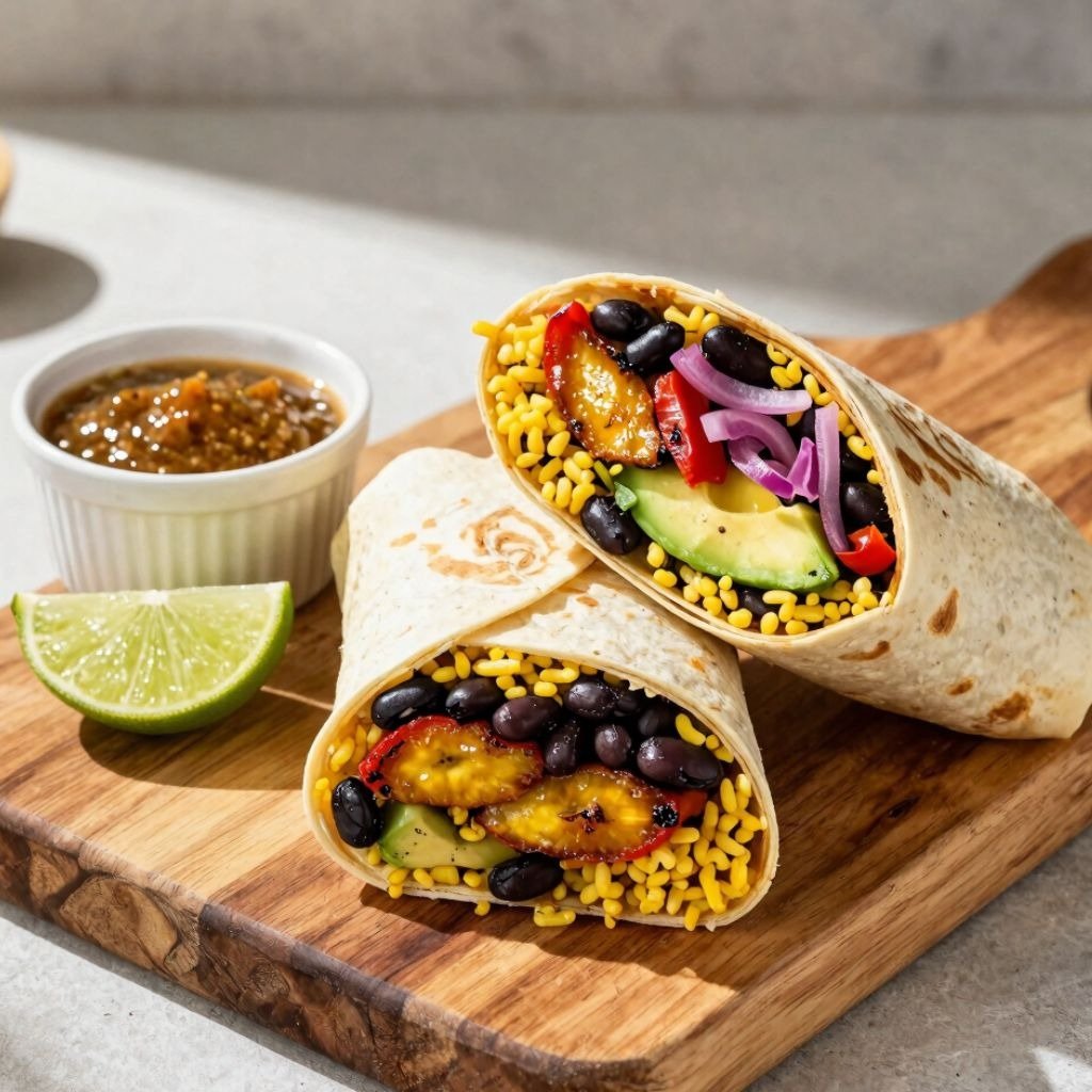 Vegan burritos with black beans, yellow rice, avocado, and plantains on a wooden board with salsa and lime.