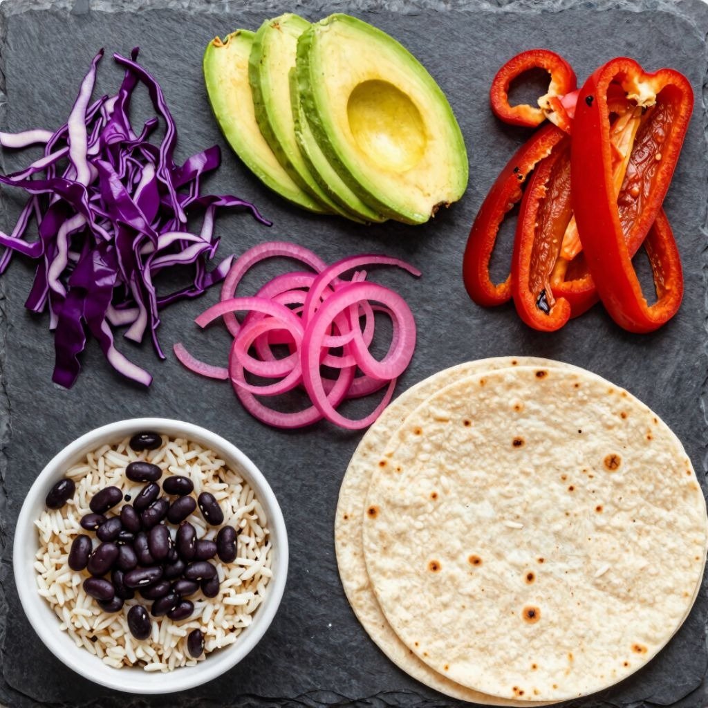 Fresh taco ingredients including avocado slices, red peppers, pickled onions, cabbage, and rice with beans on slate.
