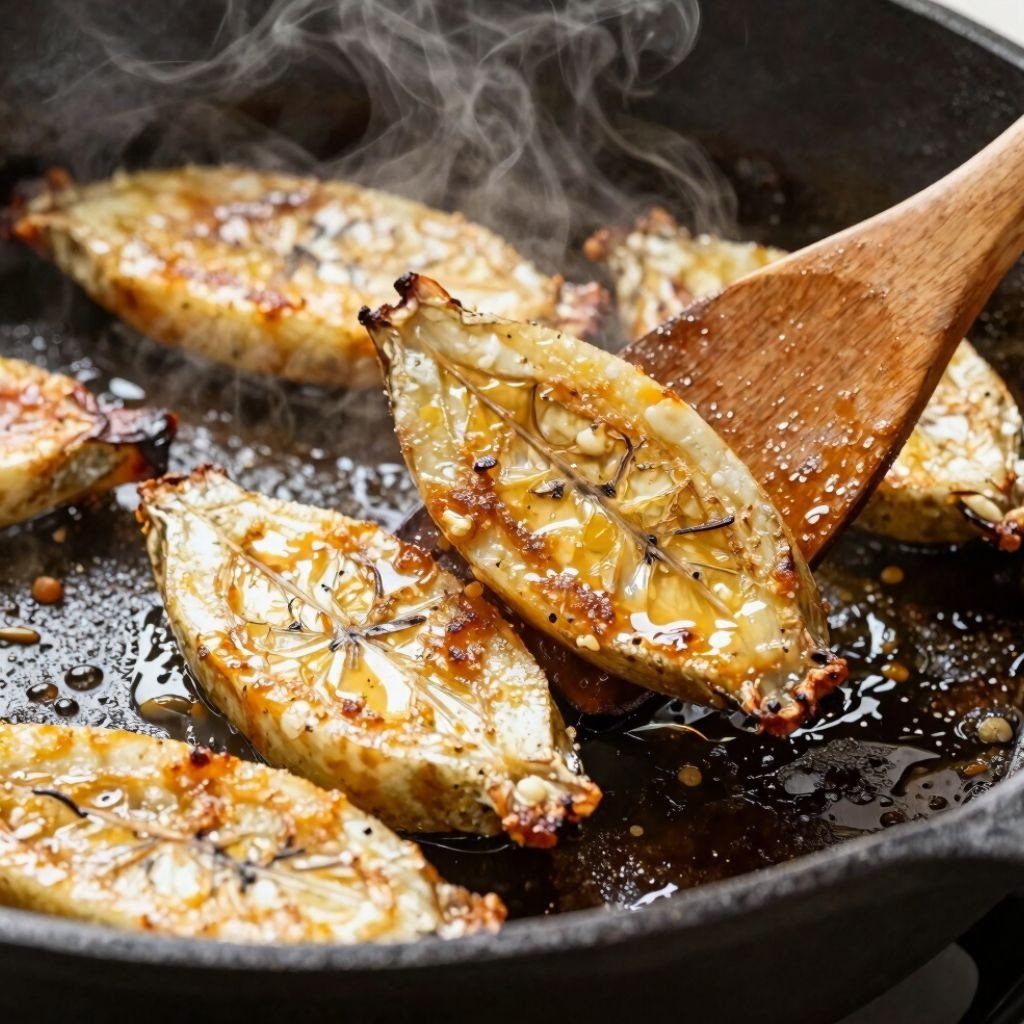 A wooden spatula lifting a fried plantain with herbs from a hot cast iron skillet.