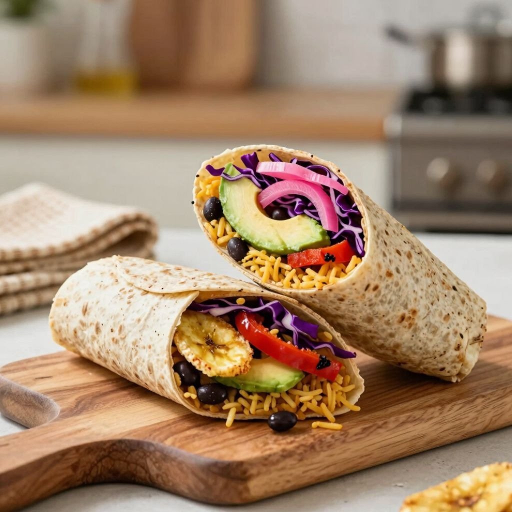 Healthy vegetarian burritos filled with avocado, black beans, rice, and cabbage on a wooden cutting board.