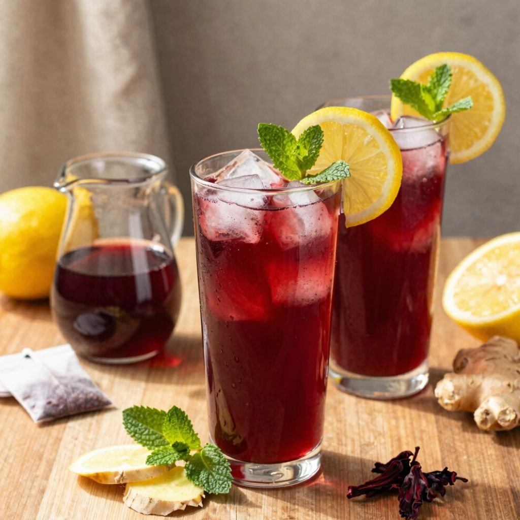 Iced hibiscus tea garnished with lemon slices and fresh mint, served with ginger and hibiscus flower