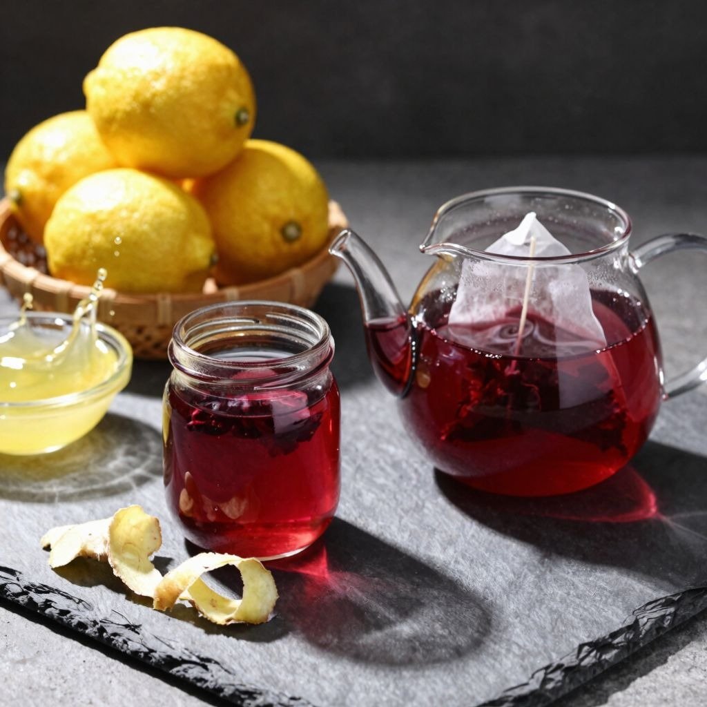 A glass teapot and jar of hibiscus tea with fresh lemons, honey, and ginger on a dark slate board.