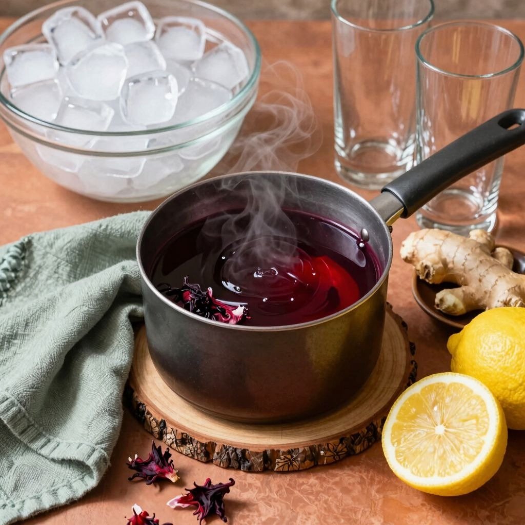 Hot steaming hibiscus tea in a pot with fresh lemon, ginger root, ice cubes, and glasses.
