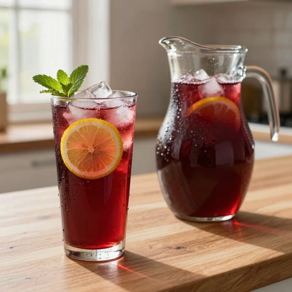 A glass and pitcher of iced hibiscus tea with lemon slices and fresh mint on a wooden kitchen counter.