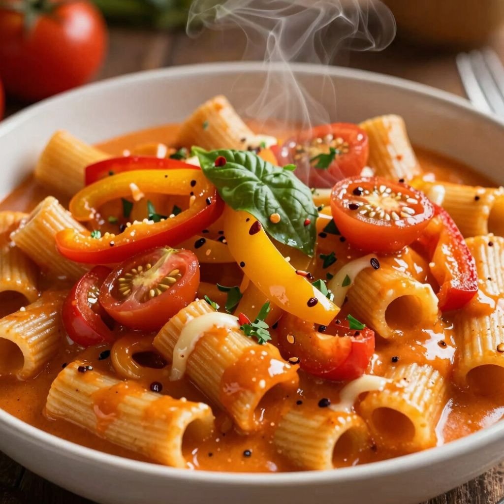Steaming bowl of rigatoni pasta with creamy tomato sauce, fresh cherry tomatoes, bell peppers, and b