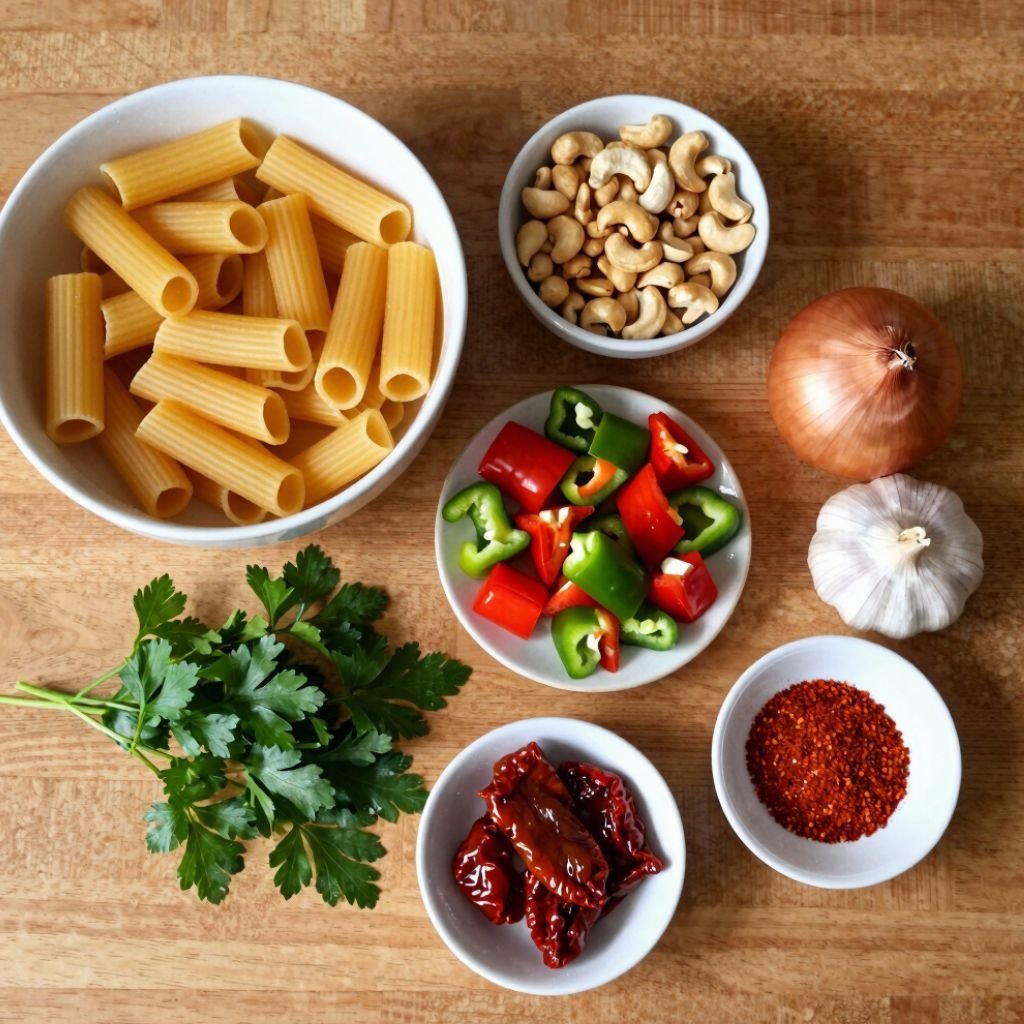 Steaming pan of rigatoni pasta with melted cheese, cherry tomatoes, and peppers in a creamy tomato s