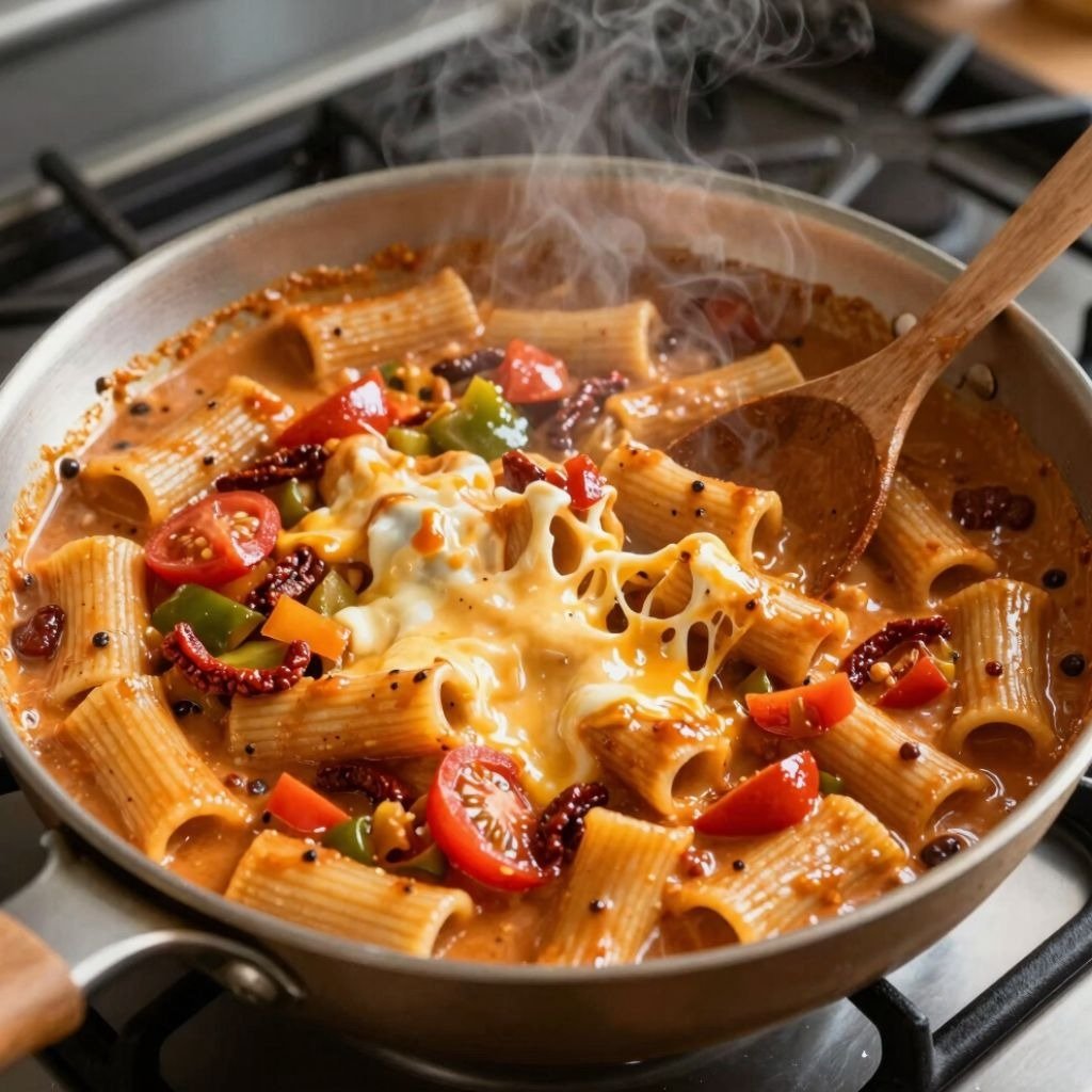 Steaming pan of rigatoni pasta with melted cheese, cherry tomatoes, and peppers in a creamy tomato s