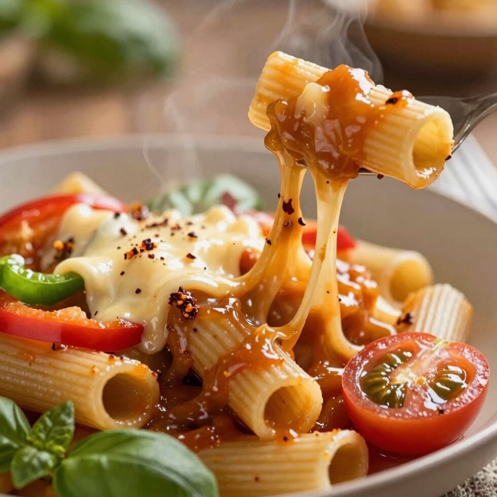 Steaming rigatoni pasta with melted cheese, tomato sauce, and fresh basil in a bowl.