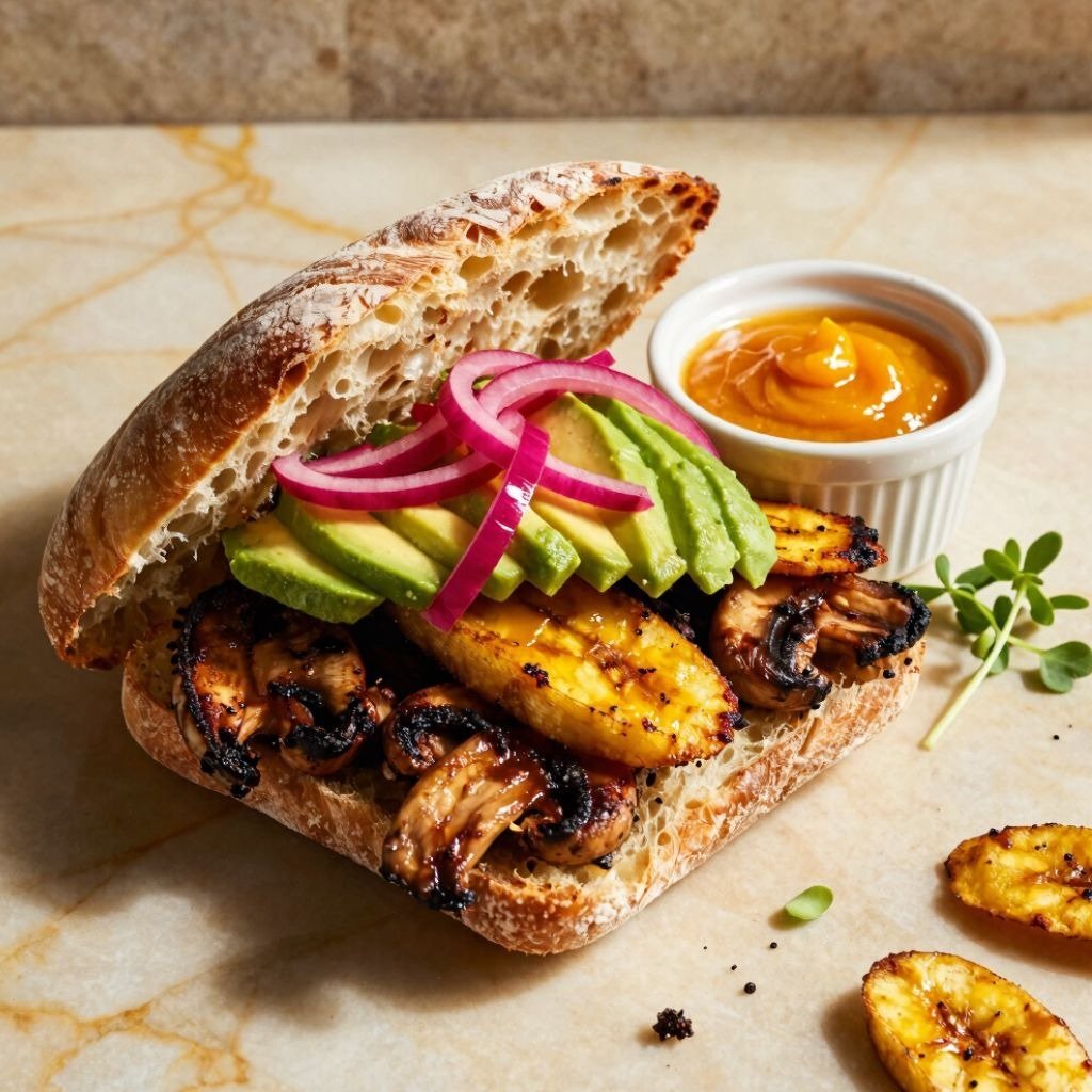 Gourmet grilled portobello mushroom burger with avocado, red onions, and spicy sauce on a plate.
