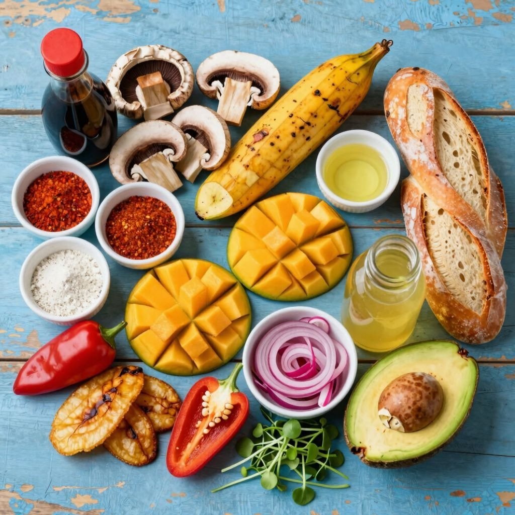 Fresh cooking ingredients including mango, avocado, mushrooms, red chili, and crusty bread on a blue wooden table.