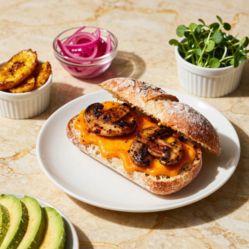 Gourmet grilled portobello mushroom sandwich with melted cheddar cheese on a crusty baguette with fresh sides.
