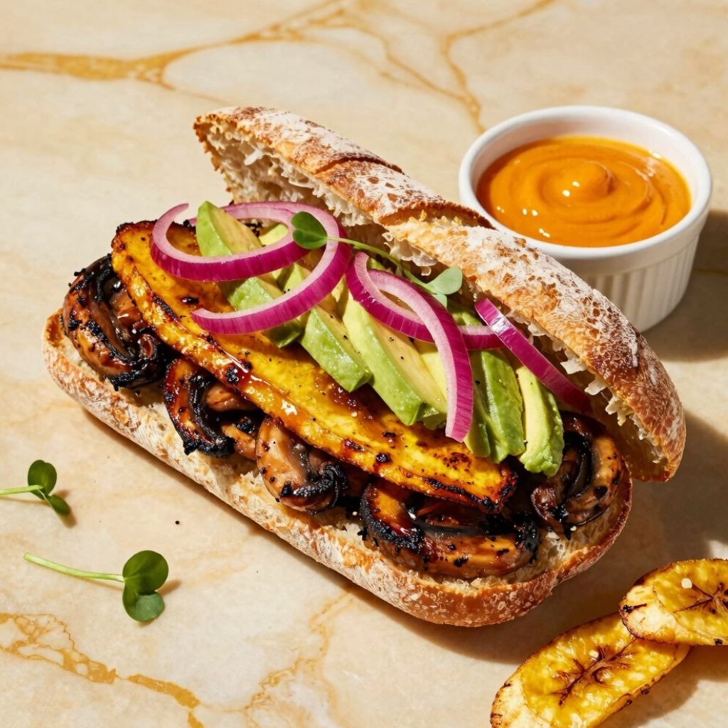 Vegan sandwich with grilled plantains, mushrooms, avocado, and red onions on crusty bread with dipping sauce.