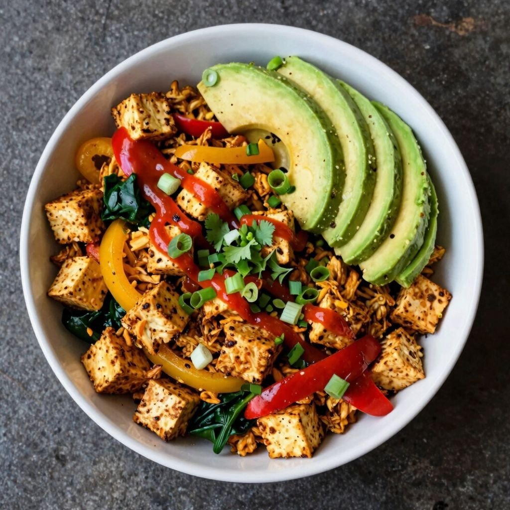 A healthy tofu grain bowl with sliced avocado, bell peppers, spinach, and hot sriracha sauce in a wh