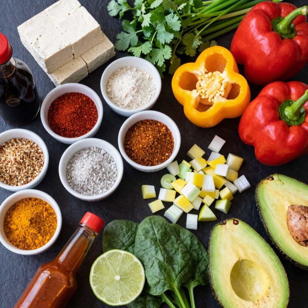 Fresh cooking ingredients including tofu, peppers, avocado, and bowls of spices for a healthy vegetarian meal.
